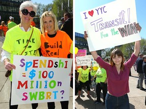Opposing sides of the southwest Bus Rapid Transit debate at an earlier protest in Calgary