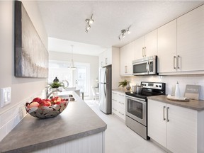 The kitchen in the Brio show home at Rise Townhomes by Jayman Modus.