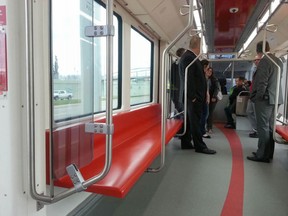 General inside view of a new Calgary Transit  “Mask” CTrain car to arrive in Calgary, Alta on Tuesday, July 5, 2016. Transit unveiled the new car and media were there to see its new features.