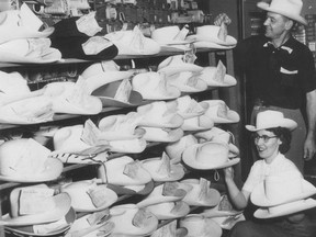 HUNDREDS OF HATS: IN 1955, HAT CLEANING WAS A BUSTLING BUSINESS, AS ALMA HIGHT AND JACK NEUSS FOUND OUT. ALTHOUGH IT'S NOT THE INDUSTRY IT USED TO BE, COWPOKES ALL KNOW THAT A CLEAN HAT MAKES A BETTER IMPRESSION.