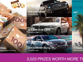 A website screen image showing some of the prizes in this year's Cash & Cars lottery to benefit the Alberta Cancer Foundation.