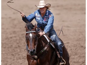 Mary Walker from Ennis, Texas during barrel racing at the Calgary Stampede on Saturday July 16, 2016.