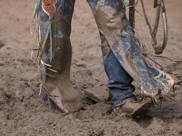 Muddy day 9 at the Calgary Stampede rodeo on Saturday July 16, 2016.