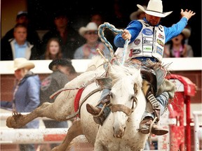 Louisiana cowboy Heith DeMoss rode Evening Mist to a score of 85.50 on Day 9 at the Calgary Stampede rodeo in the saddle bronc event at the Calgary Stampede rodeo on Saturday, July 16, 2016.