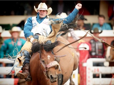 Utah cowboy Kaycee Feild rode Xceptional Margarita to a score of 85.50 on Day 9 at the Calgary Stampede rodeo bareback event on Saturday, July 16, 2016.