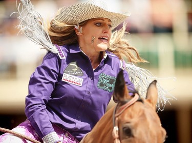 Kimmie Wall of Roosevelt, UT,  sailed around the barrels in a time of 18.37 seconds during Day 9 barrel-racing action at the Calgary Stampede rodeo on Saturday, July 16, 2016.