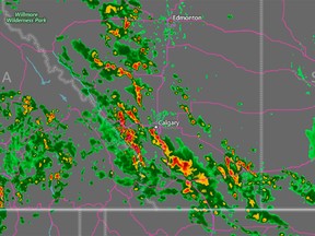 Environment Canada radar shows thunderstorms and heavy rains over Calgary and area.