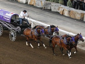 Crystal Schick/ Postmedia CALGARY, AB -- Vern Nolin leads the pack for the win of heat nine on day one of Calgary Stampede's GMC Rangeland Derby, on July 9, 2016. --  (Crystal Schick/Postmedia) (For  story by  ) Postmedia