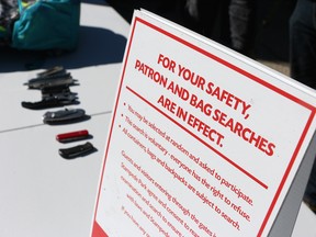 The Calgary Stampede displayed some of the types of small knives and multi-tools that are not permitted on the Stampede grounds during the Stampede during a press conference on Stampede security, Monday, July 4, 2016.