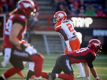 BC Lions Chris Rainey with a 93-yard punt-return for a touchdown on Calgary Stampeders Rob Maver’s first punt during CFL football in Calgary, Alta., on Friday, July 29, 2016. AL CHAREST/POSTMEDIA