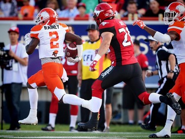 BC Lions Chris Rainey with a 93-yard punt-return for a touchdown on Calgary Stampeders Rob Maver’s first punt during CFL football in Calgary, Alta., on Friday, July 29, 2016. AL CHAREST/POSTMEDIA