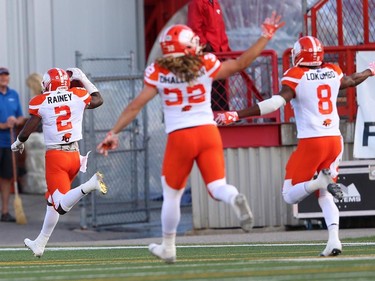 BC Lions Chris Rainey with a 93-yard punt-return for a touchdown on Calgary Stampeders Rob Maver’s first punt during CFL football in Calgary, Alta., on Friday, July 29, 2016. AL CHAREST/POSTMEDIA