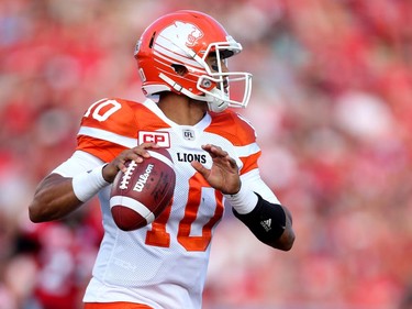 BC Lions quarterback Jonathon Jennings during their game against the Calgary Stampeders at McMahon Stadium in Calgary, Alta.. on Friday July 29, 2016. Leah Hennel/Postmedia