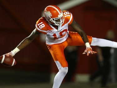 BC Lions Geraldo Boldewijn celebrates a touchdown on the Calgary Stampeders during CFL action at McMahon Stadium in Calgary, Alta.. on Friday July 29, 2016. Leah Hennel/Postmedia