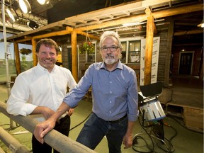 Steve Schroeder (L), executive director of the Calgary International Film Festival, and Tom Cox, managing director of Seven24 Films, at a Calgary film set for the CBC TV show Heartland on Wednesday, July 27, 2016. CIFF was announcing new initiative to showcase Alberta productions, and Heartland, a Seven 24 production, was chosen to be the flagship for that effort in this inaugural year.