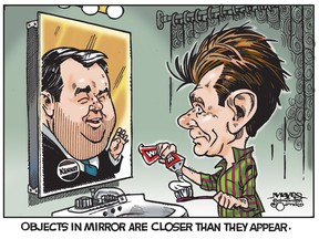 UPLOADED BY: Malcolm Mayes ::: EMAIL: mmayes:: PHONE: 780-288-3542 ::: CREDIT: Malcolm Mayes ::: CAPTION: Jason Kenney is closer to overtaking Brian Jean than it appears. (Cartoon by Malcolm Mayes)