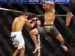 Ultimate Fighting Championship fighters Urijah Faber, left, from Calif., and Renan Barao, from Brazil, do battle during UFC 149 in Calgary, Alta., Sat., July 21, 2012.