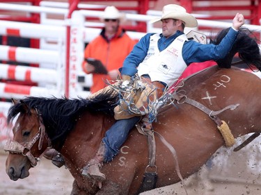 Utah cowboy Kaycee Feild rode Xceptional Margarita to a score of 85.50 on Day 9 at the Calgary Stampede rodeo bareback event on Saturday, July 16, 2016.