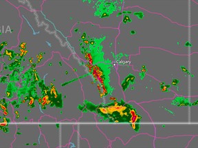 An Environment Canada radar image of storm fronts moving into the Calgary area. The agency has issued a severe thunderstorm watch for Calgary and surrounding areas.