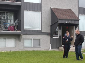 An apartment building at 4503 73 St NE in Bowness where a man was pulled from a burning unit on Tuesday morning August 23, 2016. (Ted Rhodes/Postmedia)