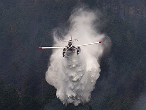 File photo of a water bomber dropping water on a hillside in West Kelowna, B.C. THE CANADIAN PRESS/Jonathan Hayward