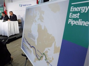 The Energy East pipeline proposed route is pictured as TransCanada officials speak during a news conference in Calgary, on Aug. 1, 2013.