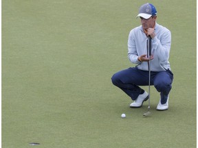 Charlie Bull of London, England lines up a putt at the 2016 ATB Financial Classic at the Country Hills Golf Club in Calgary, on Saturday, August 6.