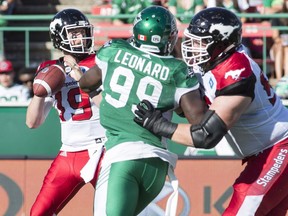 Calgary Stampeders quarterback Bo Levi Mitchell looks to make a pass against the Saskatchewan Roughriders during CFL action in Regina on Aug. 13, 2016.