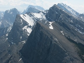 Ha Ling peak (foreground), Mt. Lawrence Grassi (middle), Little Sister (far left), from Mt. Rundle south summit.