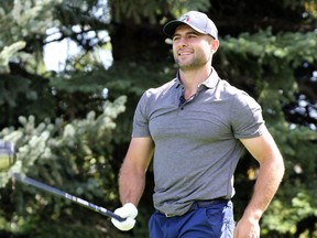 Calgary Flames captain Mark Giordano prepares to tee off at the Calgary Italian Open golf tournament at Pinebrook Golf and Country Club on Monday August 29, 2016. Team Giordano raised $75,000 for charity at the event. Gavin Young/Postmedia