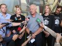 Family members of Anthony Heffernan speak to the media following an ASIRT announcement that there will be no charges in his death.  From the left are;  brother Grant, mother Irene, father Pat, sister Natalie and brother-in-law Joseph.  Anthony was shot and killed by police in a northeast Calgary hotel room while high on drugs.  Gavin Young/Postmedia