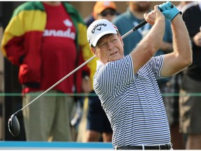 Golfing legend Tom Watson tees off in the Shaw Classic RBC Championship ProAm event at the Canyon Meadows Golf Club on Aug. 31, 2016.