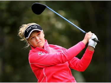 Brooke Henderson takes a swing during an afternoon of practice at Priddis Greens Golf and Country Club west of Calgary, Alta., on Tuesday August 23, 2016. Henderson is in town to compete in the Canadian Pacific Women's Open.