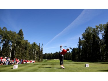 Canadian Brooke Henderson on the first tee during round 2 of the Canadian Pacific Women's Open at Priddis Greens Golf and Country Club west of Calgary, Alta.,  August 26, 2016. Leah Hennel/Postmedia