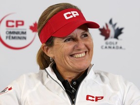 Lorie Kane speaks to members of the media at Priddis Greens Golf and Country Club west of Calgary, Alta., on Tuesday August 23, 2016, about being inducted into the Canadian Golf Hall of Fame. Leah Hennel/Postmedia