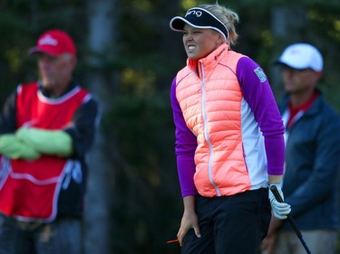 Canada's Brooke Henderson watches her shot during the Pro-Am at Priddis Greens Golf and Country Club west of Calgary, Alta., on Wednesday August 24, 2016.