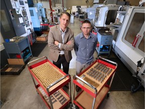 Tyler, left and Ryan Bowley have invented and are manufacturing a revolutionary lock. They were photographed at Talnea Technologies in Calgary on Thursday August 17, 2016 where the lock is being manufactured.