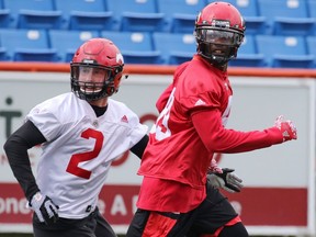 Wide receiver DaVaris Daniels is covered by defensive back Adam Thibault during Calgary Stampeders practice at McMahon Stadium on Wednesday August 17, 2016. Gavin Young/Postmedia