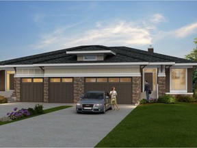 An artist's rendering of the front exterior of a villa offered by NuVista Homes in Harmony.