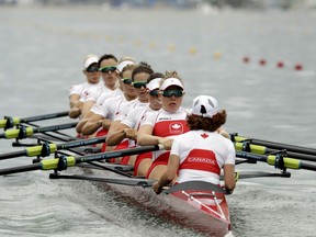 Cristy Nurse, Lisa Roman, Antje von Seydlitz-Kurzbach, Christine Roper, Lauren Wilkinson, Susanne Grainger, Natalie Mastracci, Caileigh Filmer, and Lesley Thompson-Willie, of Canada, compete in the women's eight heat during the 2016 Summer Olympics in Rio de Janeiro, Brazil, Monday, Aug. 8, 2016.