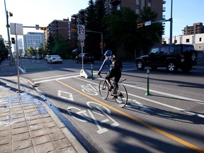 Commuters use the cycle tracks  along 12 avenue in Calgary.