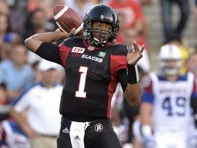 Ottawa Redblacks quarterback Henry Burris (1) throws the ball against the Montreal Alouettes during first half CFL action on Friday, Aug. 19, 2016 in Ottawa.