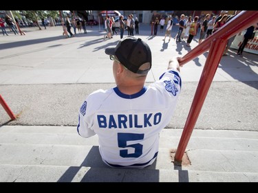 Rick Lambert wears his Bill Barilko Toronto Maple Leafs jersey before a Tragically Hip concert at the Scotiabank Saddledome in Calgary, Alta., on Monday, Aug. 1, 2016. The show was part of the iconic band's final tour, happening in the wake of Downie's incurable brain cancer diagnosis. Lyle Aspinall/Postmedia Network