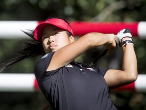 Jaclyn Lee tees off on the 10th hole during the CP Has Heart Employee Pro-Am at Priddis Greens Golf and Country Club west of Calgary, Alta., on Monday, Aug. 22, 2016. The LPGA's CP Women's Open would kick off later in the week. Lyle Aspinall/Postmedia Network