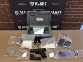 ALERT officers in Medicine Hat seized $80,000 worth of drugs and guns last week after tracking down an alleged Calgary-area dealer.