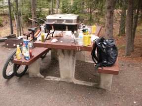 A messy campsite in Banff National Park.