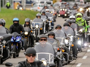 Motorcyclists head out on the 12 Stop Ride for Recovery, a motorcycle ride to advocate for freedom from addiction and to raise money to support recovery and help more men and their families overcome the impact of addiction and get well in Calgary, Ab., on Saturday August 27, 2016. Mike Drew/Postmedia