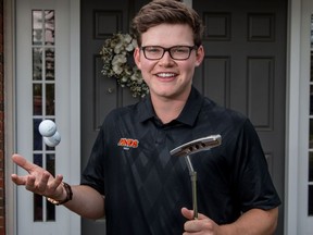 Nick Bobyk of Calgary achieved a remarkable — almost unfathomable — feat during a July 29 spin of the Par-3 Course at McCall Lake, sinking consecutive hole-in-ones. Photographed at his home in Calgary, Ab., on Sunday August 7, 2016. Mike Drew/Postmedia