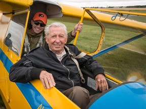 Ninety-three-year-old Flight Lieutenant (Retired) Herb Spear back on the ground after a flight in an Air Cadet glider at Netook Gliding Centre near Olds, Ab., on Sunday August 28, 2016. Mike Drew/Postmedia