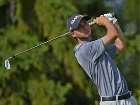 Austin Connelly makes a tee shot on the second hole during Round 3 of the Syncrude Oil Country Championship t the Glendale Golf and Country Club on July 30, 2016, in Edmonton.